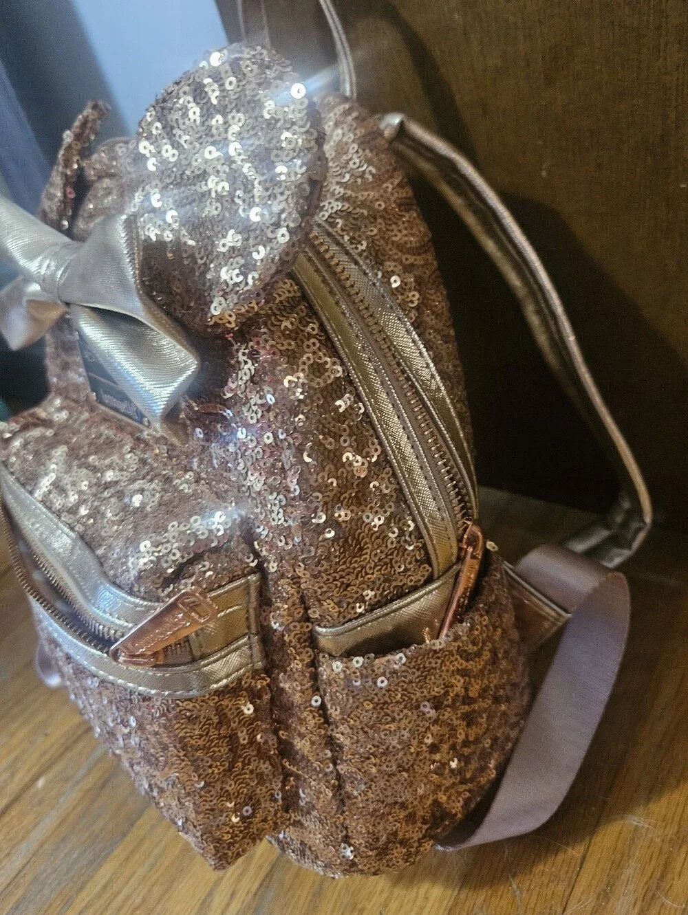 Loungefly Disney Parks Rose Gold Sequin Minnie Ear Mini Backpack